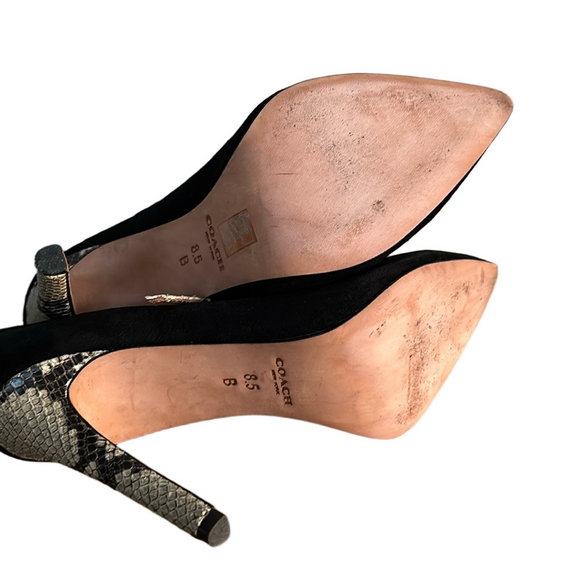 Coach Fulton Black Suede Snakeskin T-Strap Pointed Toe Stiletto Heels size 8.5 - Picture 5 of 9